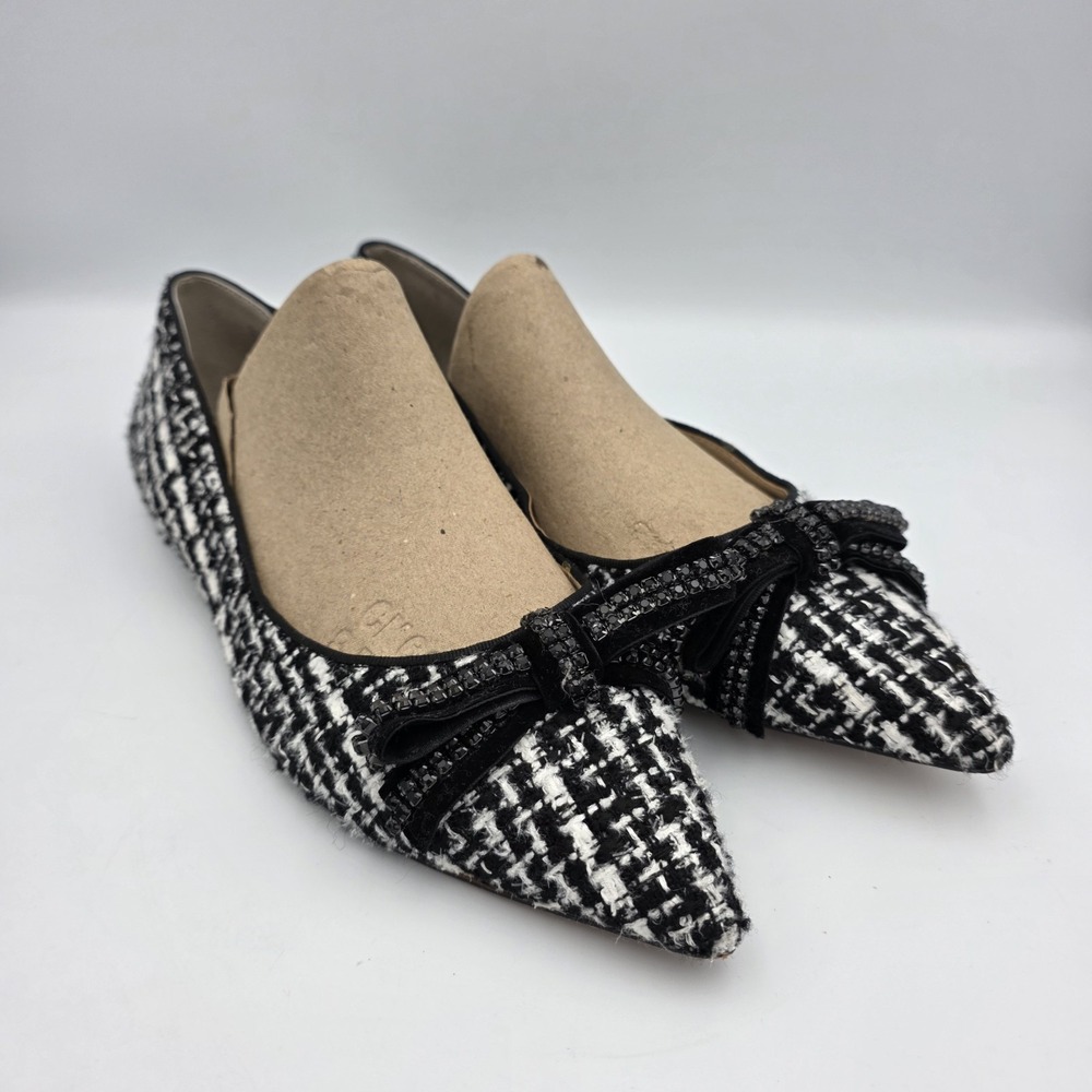 Ann Taylor Black White Houndstooth‎ Silver Flats Size 9 M Rhinestone Velvet Bow